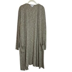 Nine West Womens Duster Length Cardigan Size XL Sable Beige Ribbed Knit Pockets